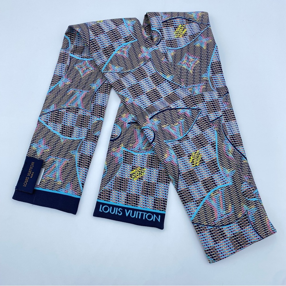 LOUIS VUITTON Bleu Silk Damier Pop Print Bandeau Scarf